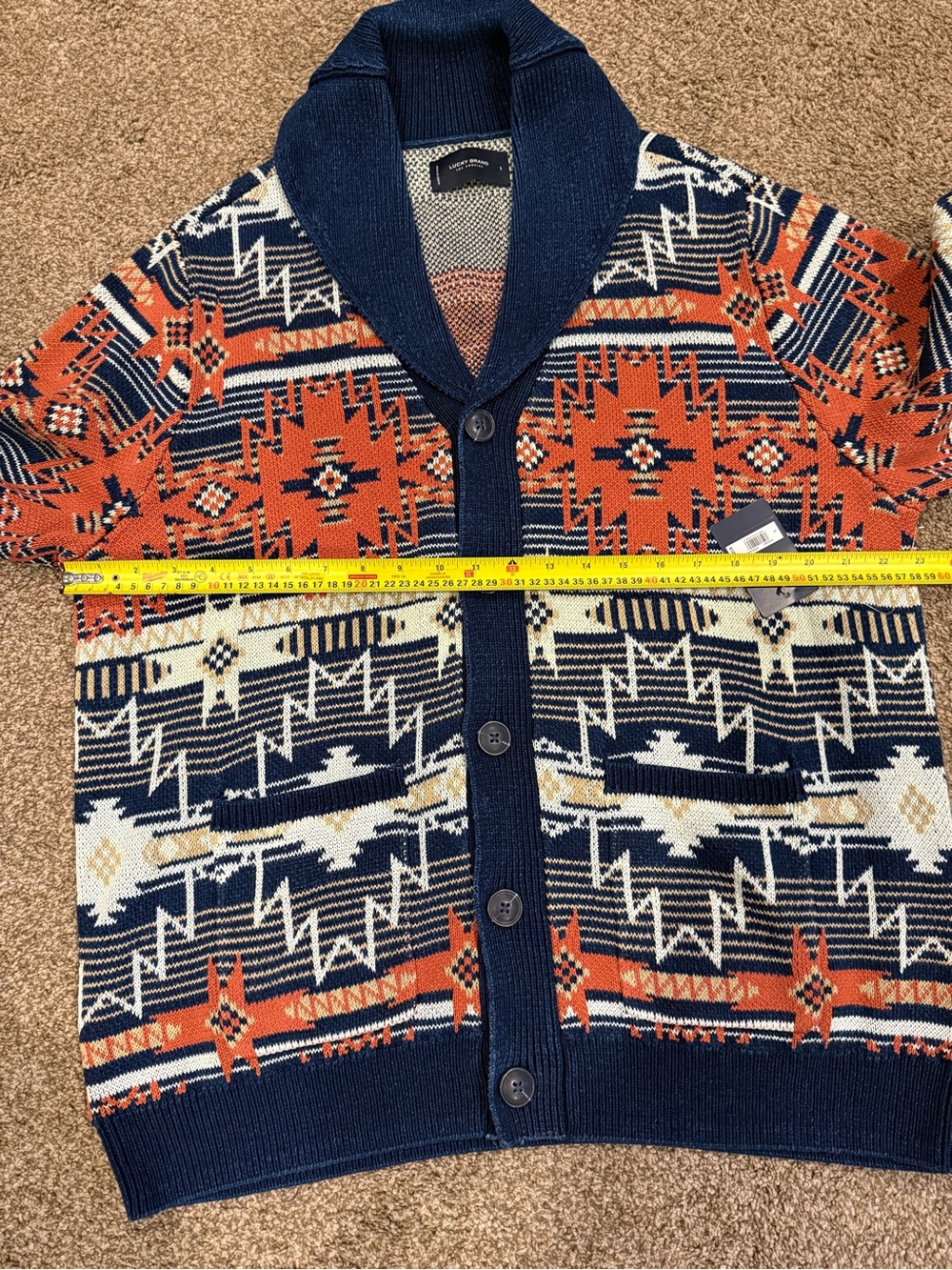 Lucky Brand Navy & Orange Aztec Shawl Collar Cardigan - Picture 4 of 5
